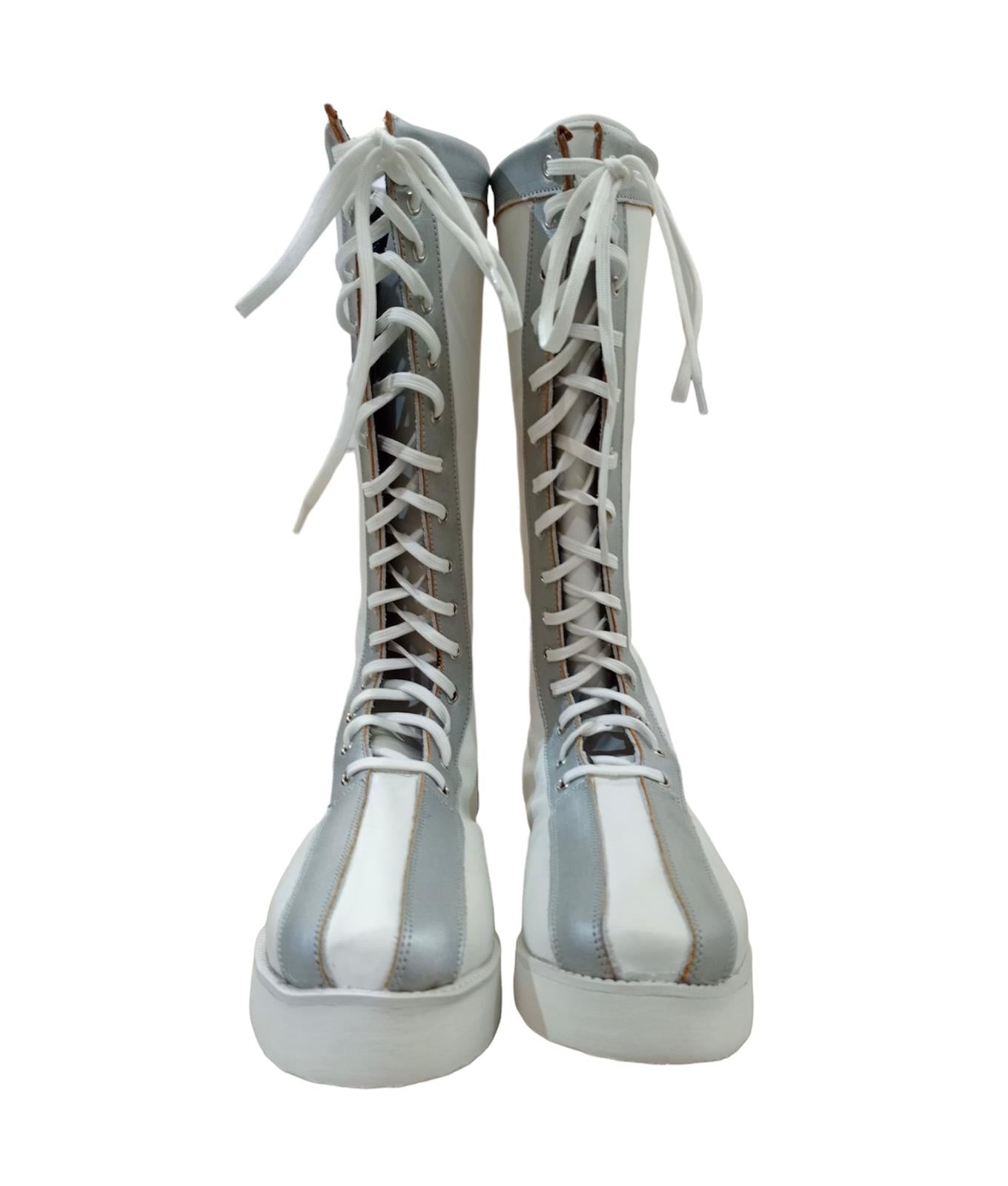 Pro Wrestling Boots, Handmade , 100% original Leather, White Color with Silver  Tips, Lace-up style