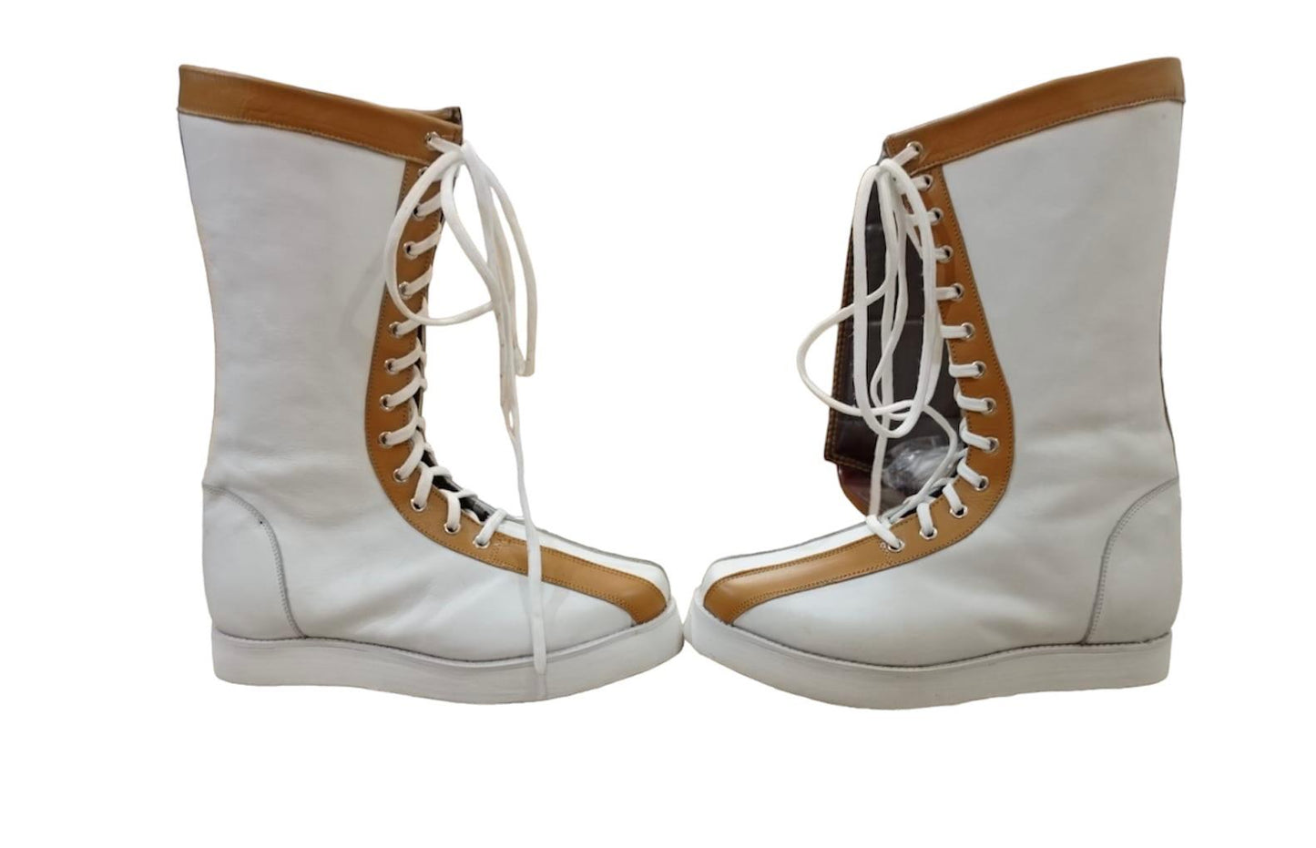 Pro Wrestling Boots, Handmade , 100% original Leather, White Color with Tan Brown Tips, Lace-up style, Customizable , Lucha Libre Boots