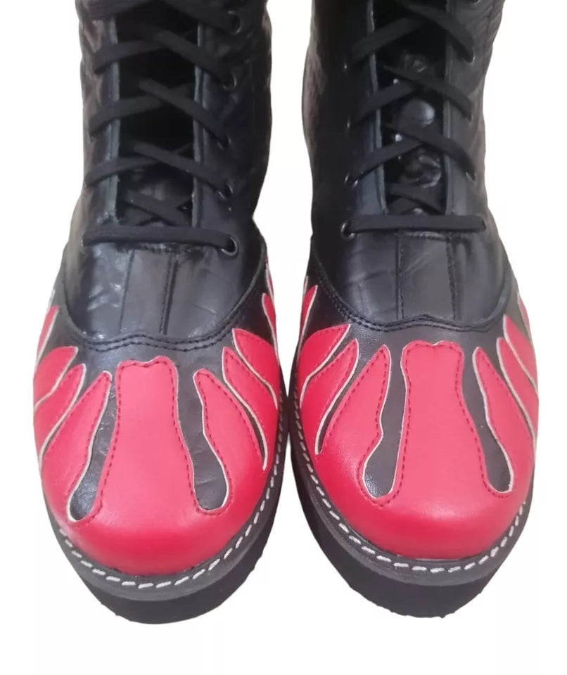 Wrestling Long Boots, Handmade Leather Shoes, 100% Original Leather, Red Fire Style, Customizable, Lace-up style