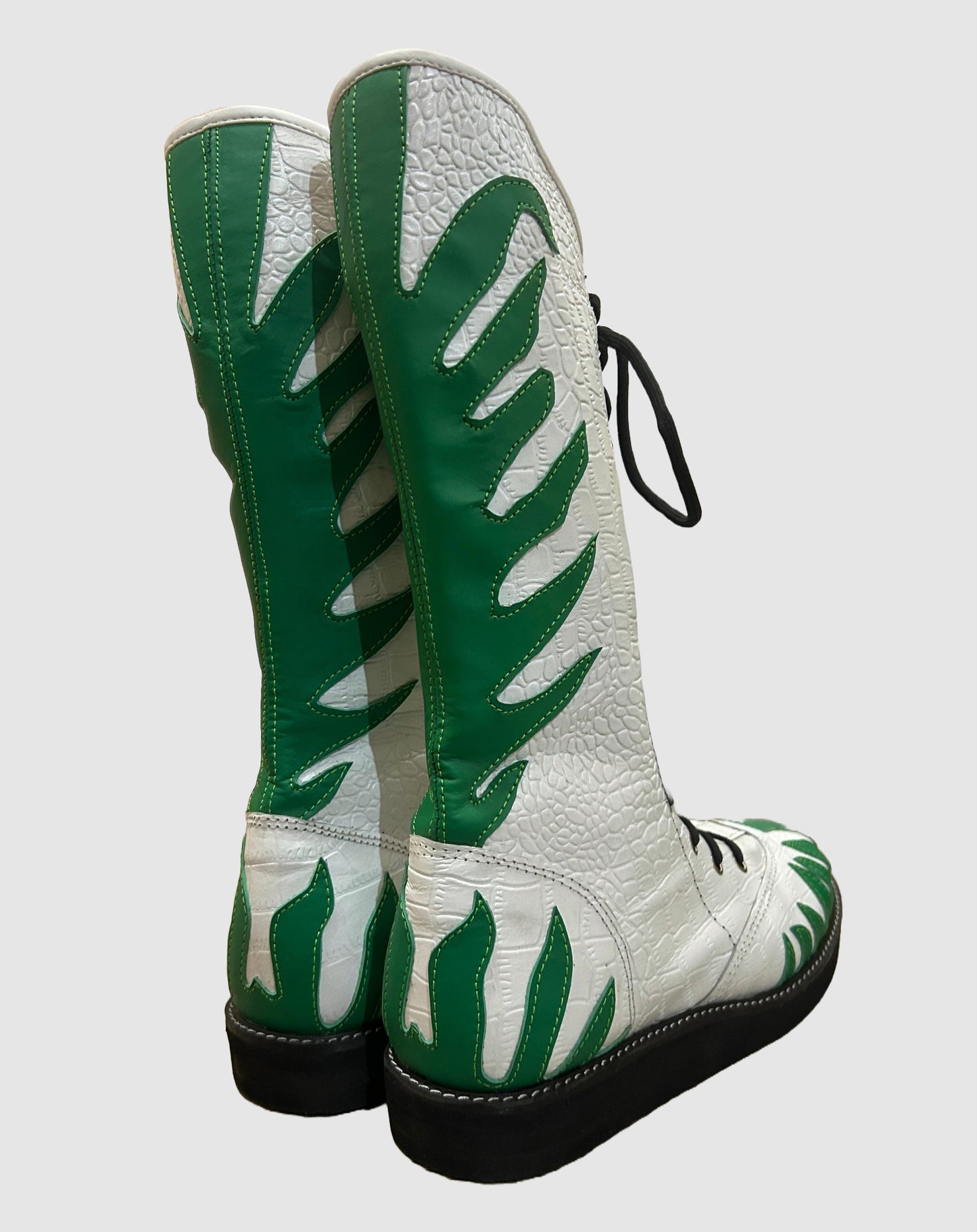 Pro Wrestling Shoes ,100% Original Leather, White color with green fire