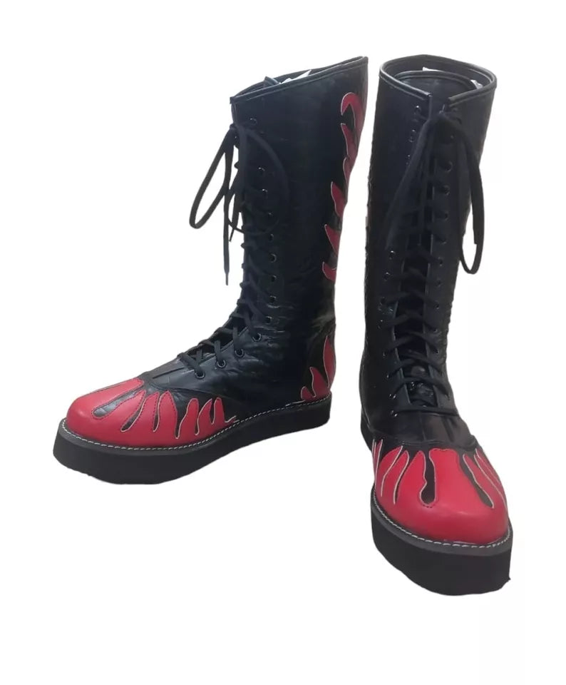 Wrestling Long Boots, Handmade Leather Shoes, 100% Original Leather, Red Fire Style, Customizable, Lace-up style