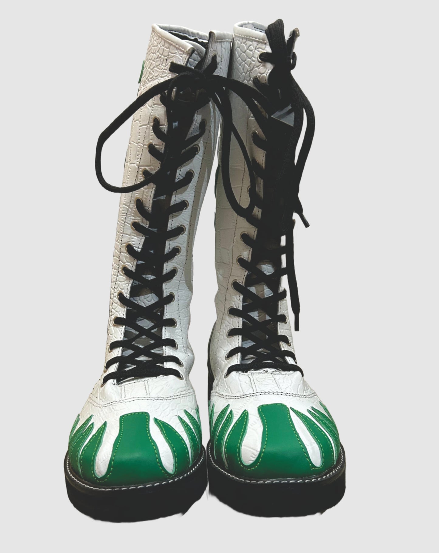 Pro Wrestling Shoes ,100% Original Leather, White color with green fire