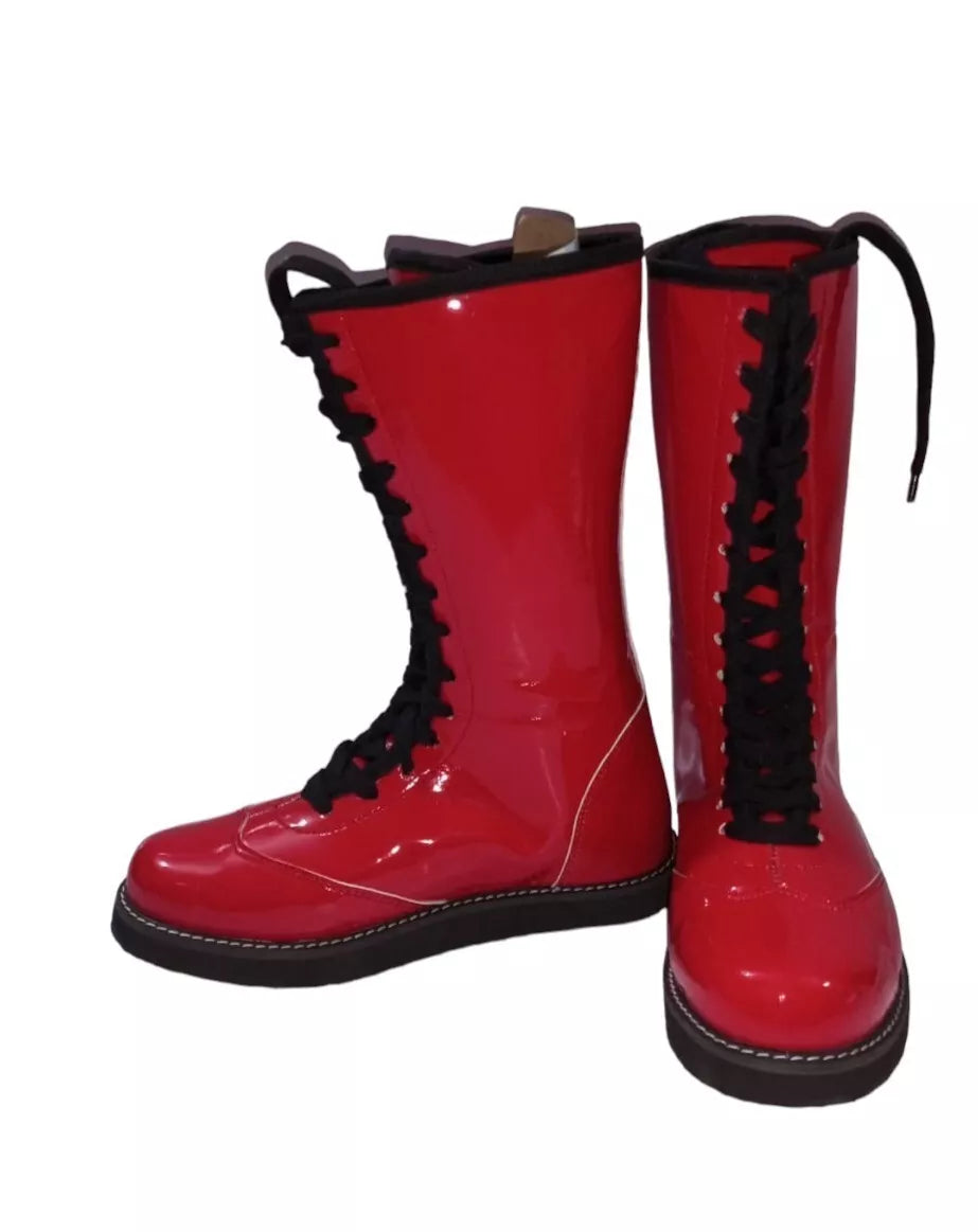 Pro Wrestling Long Boots, Handmade, High Quality DX Patent Leather, Red color, Light weight Sole, Best for wrestlers