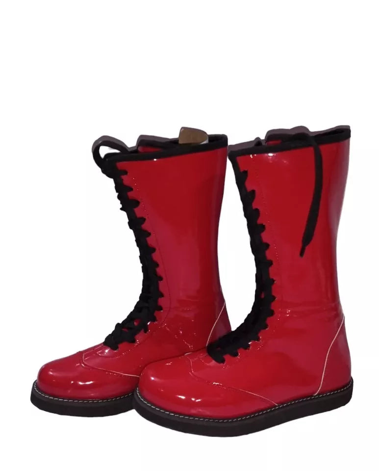 Pro Wrestling Long Boots, Handmade, High Quality DX Patent Leather, Red color, Light weight Sole, Best for wrestlers