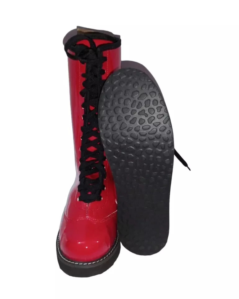 Pro Wrestling Long Boots, Handmade, High Quality DX Patent Leather, Red color, Light weight Sole, Best for wrestlers