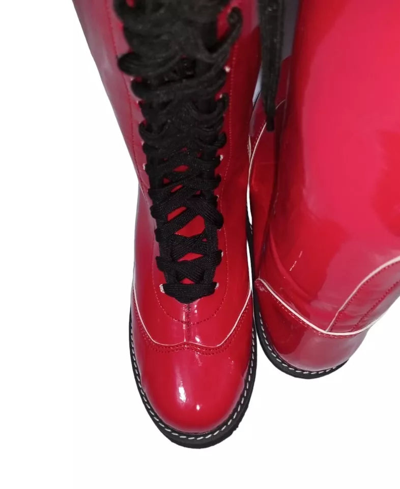 Pro Wrestling Long Boots, Handmade, High Quality DX Patent Leather, Red color, Light weight Sole, Best for wrestlers