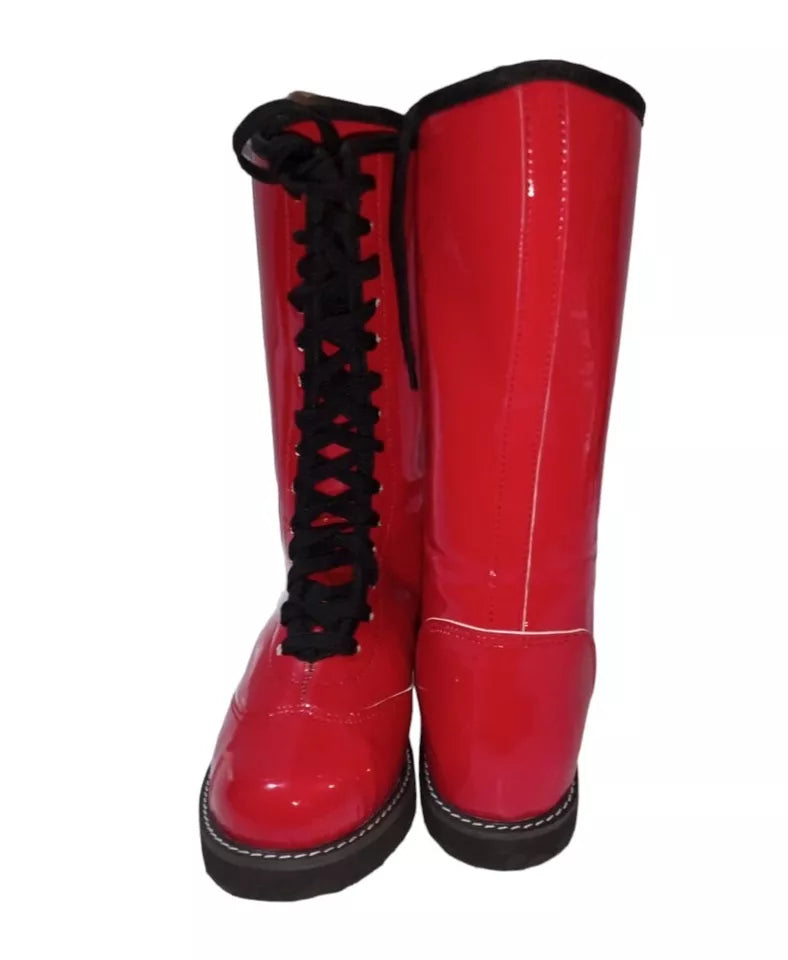 Pro Wrestling Long Boots, Handmade, High Quality DX Patent Leather, Red color, Light weight Sole, Best for wrestlers