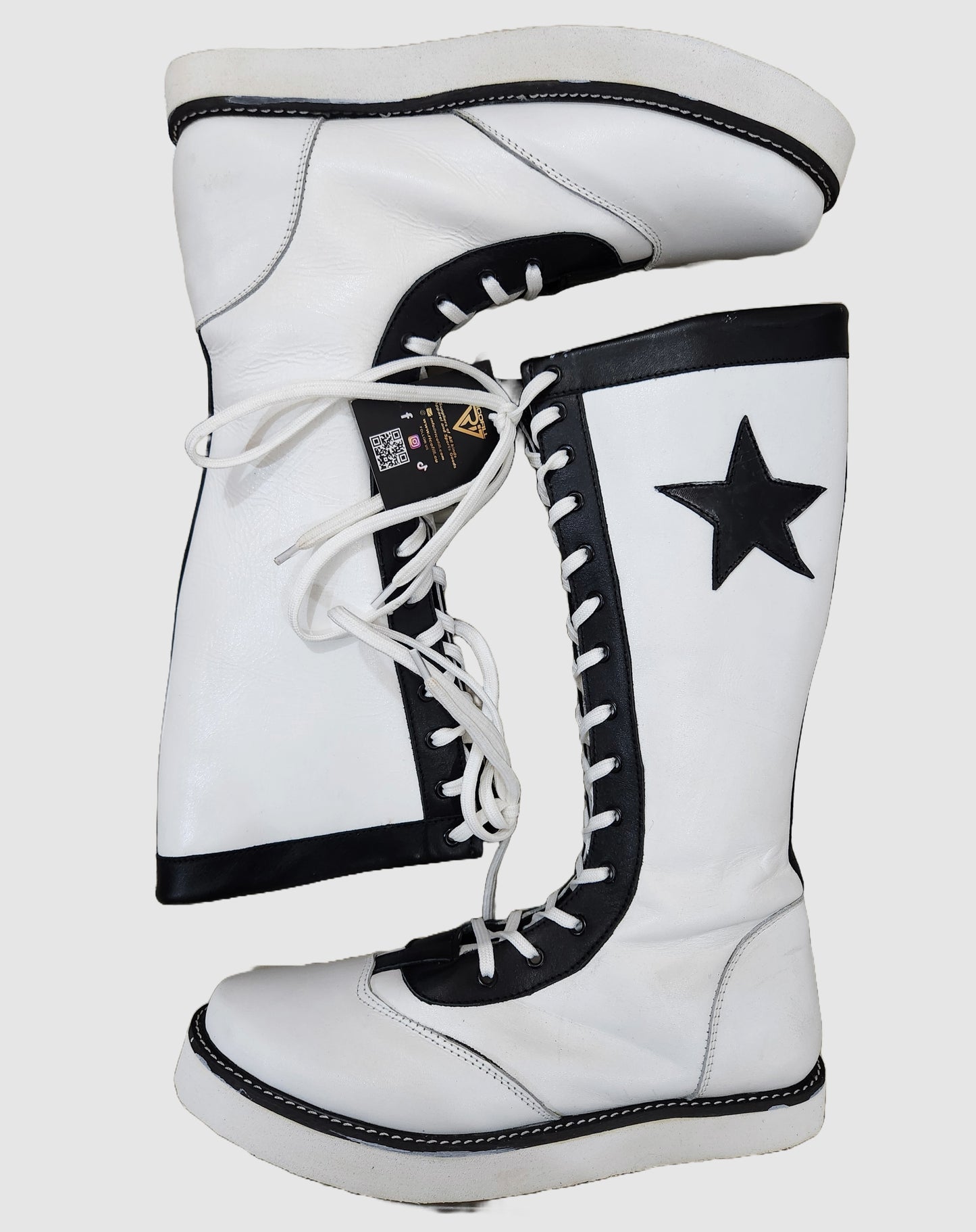 Pro Wrestling Star Boots, Handmade, 100% Original Leather, Lace-Up Style in White & Black