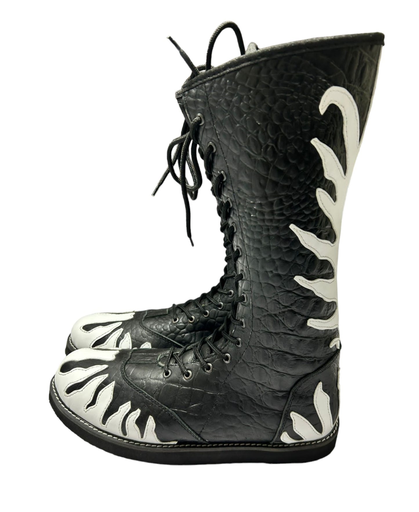 Wrestling Boots, 100% Original Leather, Crocodile Pattern Black Leather, White Fire, Lace-up style, Customizable colors