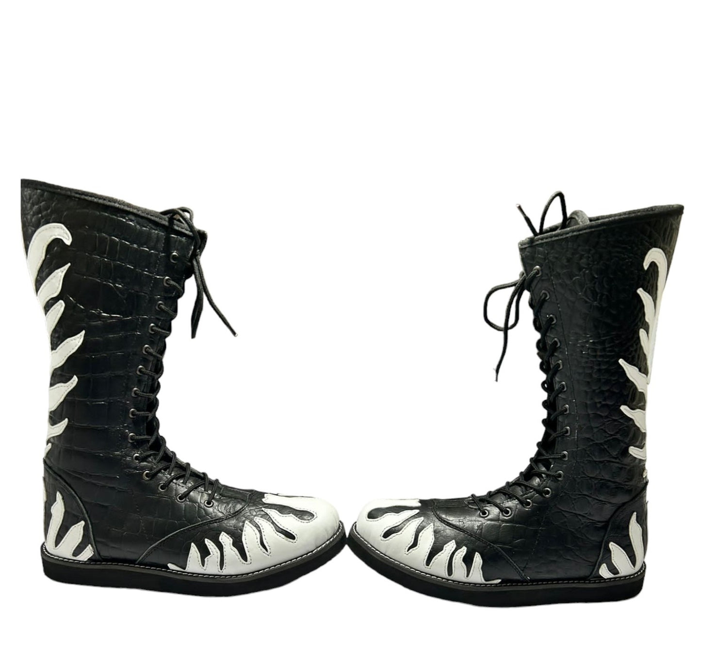 Wrestling Boots, 100% Original Leather, Crocodile Pattern Black Leather, White Fire, Lace-up style, Customizable colors