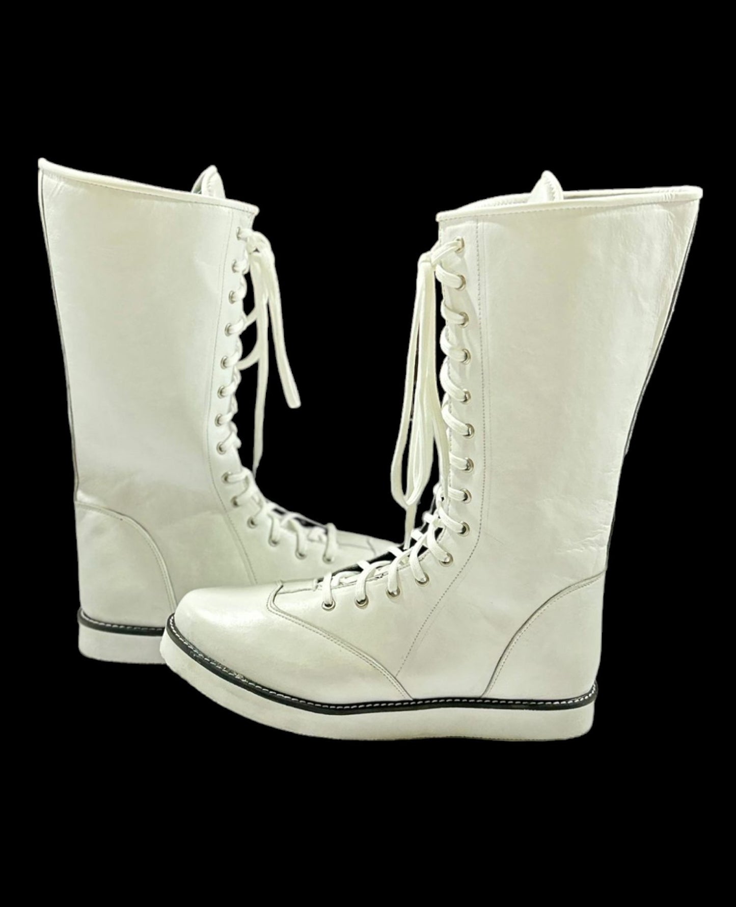 Wrestling Boots, Long White Color Shoes, 100% Genuine Leather, Handmade, Lace-up style