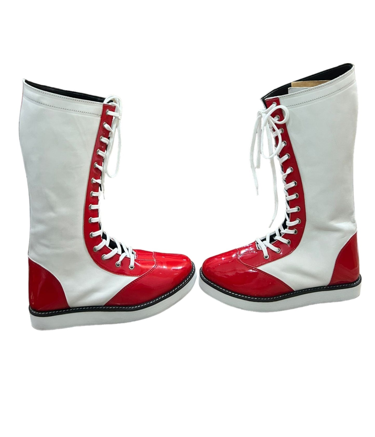 Wrestling Long Shoes, Handmade, 100% Original Leather, White and Red Color, Lace-up Style, Customizable