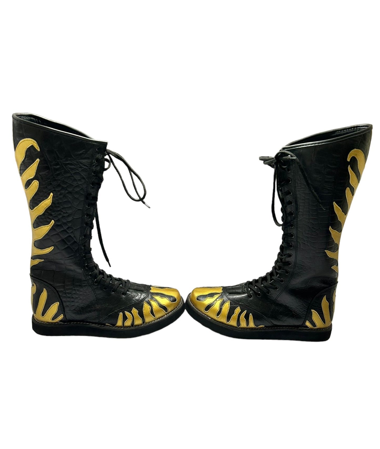 Pro Wrestling Long Boots, Handmade, 100% Original Leather, Gold Fire Style, Customizable colors