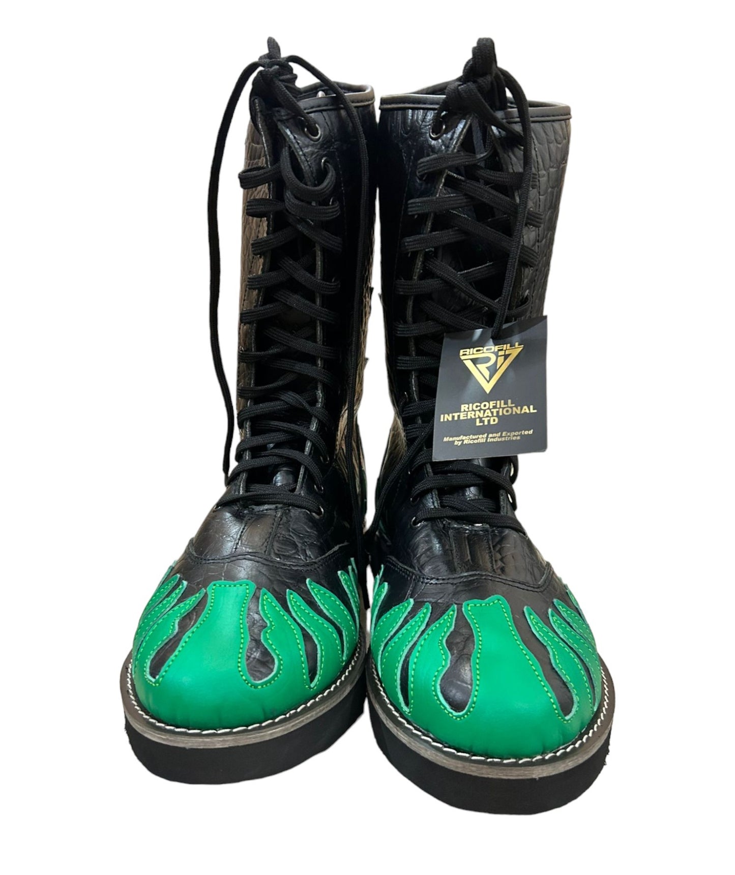 Pro Wrestling Shoes ,100% Original Leather, Green Fire Design, Customizable colors, Lace-up style