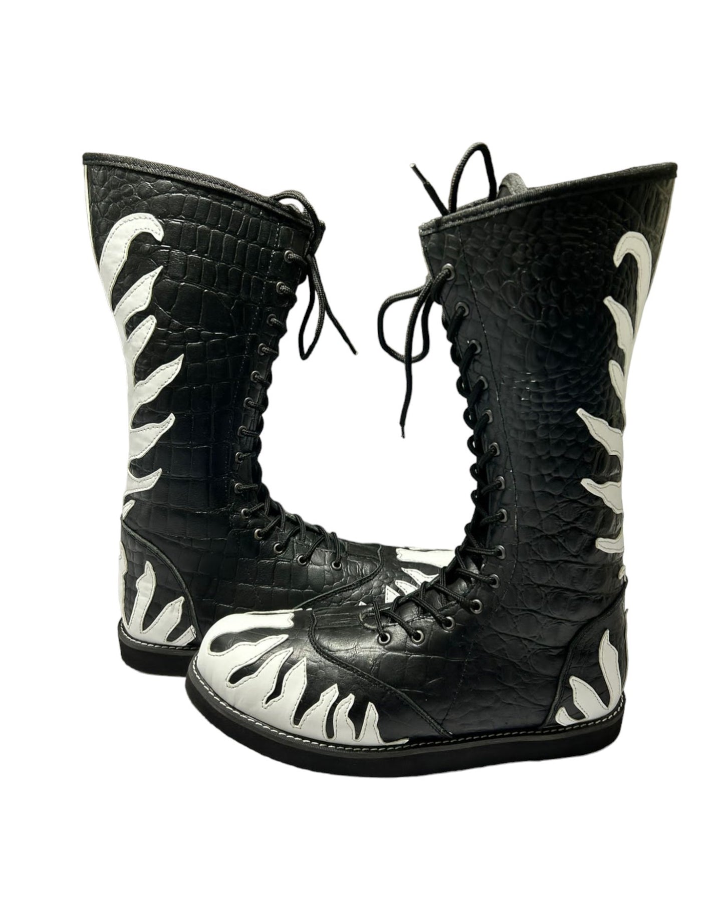 Wrestling Boots, 100% Original Leather, Crocodile Pattern Black Leather, White Fire, Lace-up style, Customizable colors