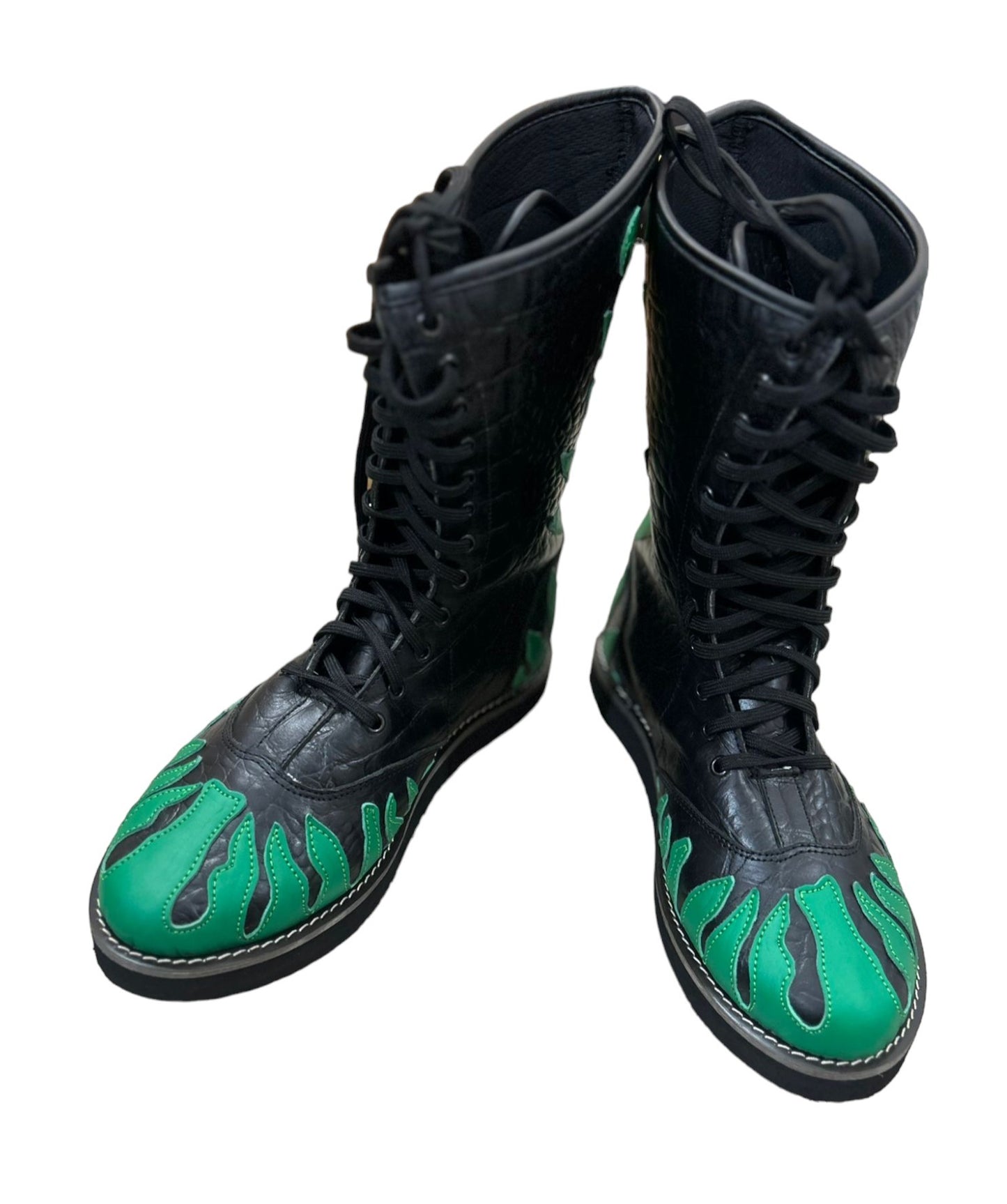 Pro Wrestling Shoes ,100% Original Leather, Green Fire Design, Customizable colors, Lace-up style