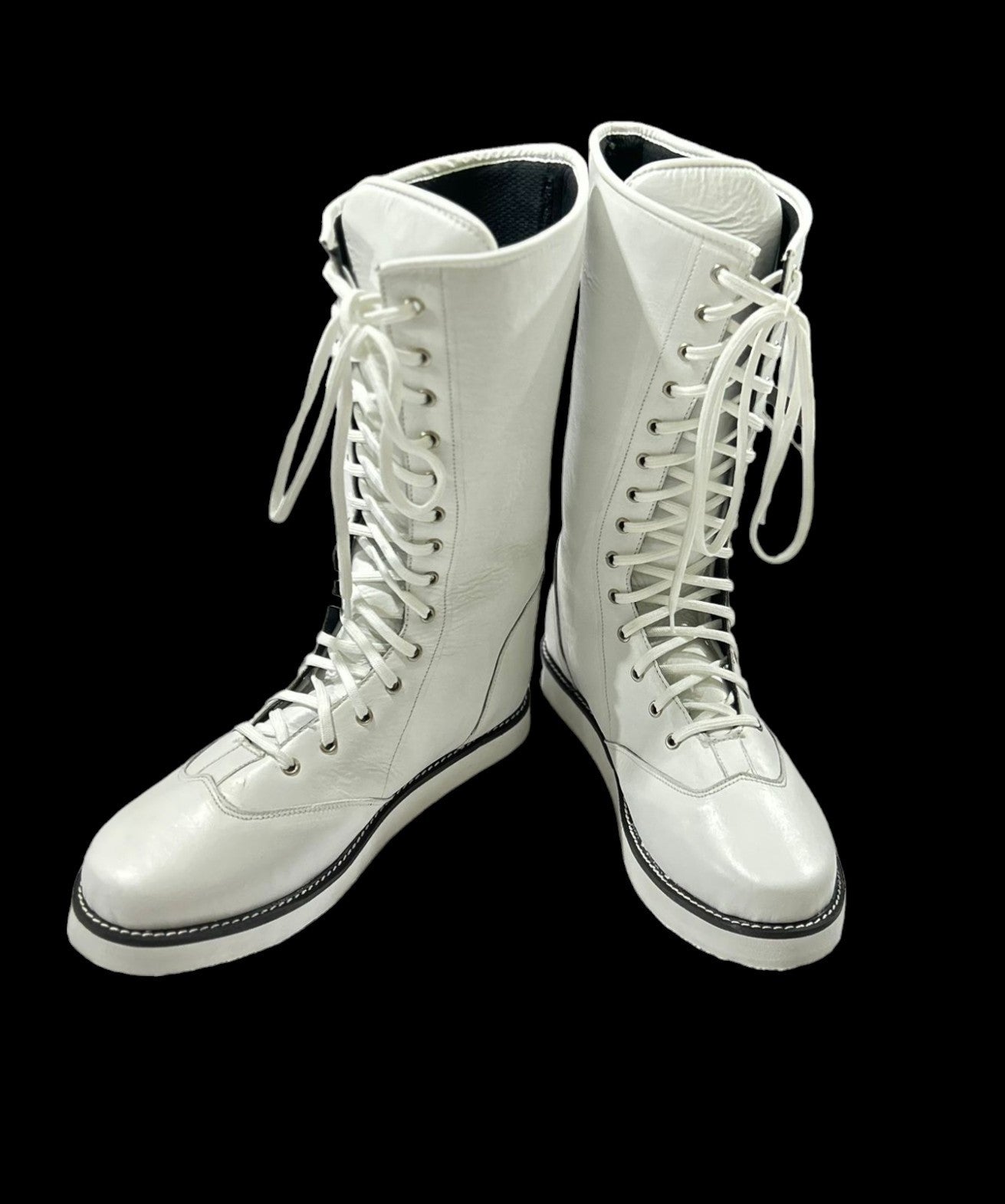 Wrestling Boots, Long White Color Shoes, 100% Genuine Leather, Handmade, Lace-up style