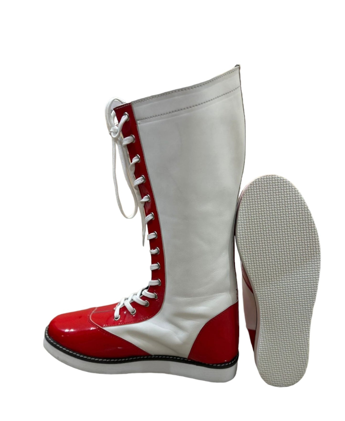 Wrestling Long Shoes, Handmade, 100% Original Leather, White and Red Color, Lace-up Style, Customizable