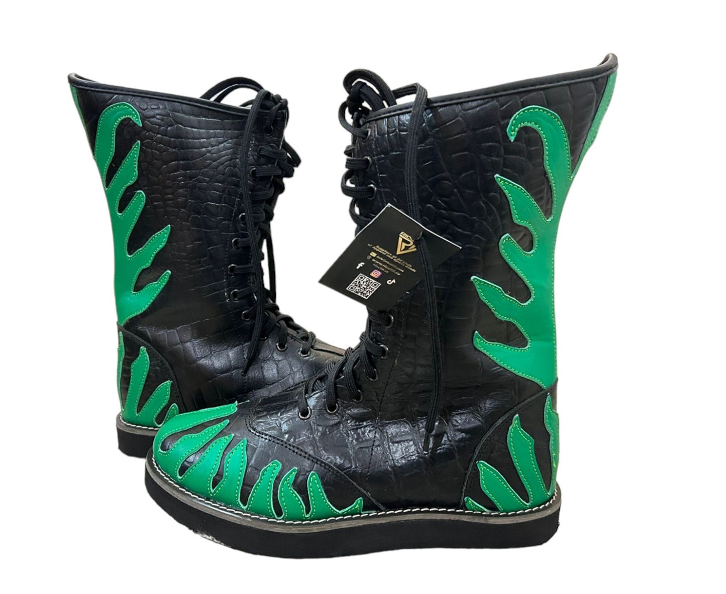 Pro Wrestling Shoes ,100% Original Leather, Green Fire Design, Customizable colors, Lace-up style