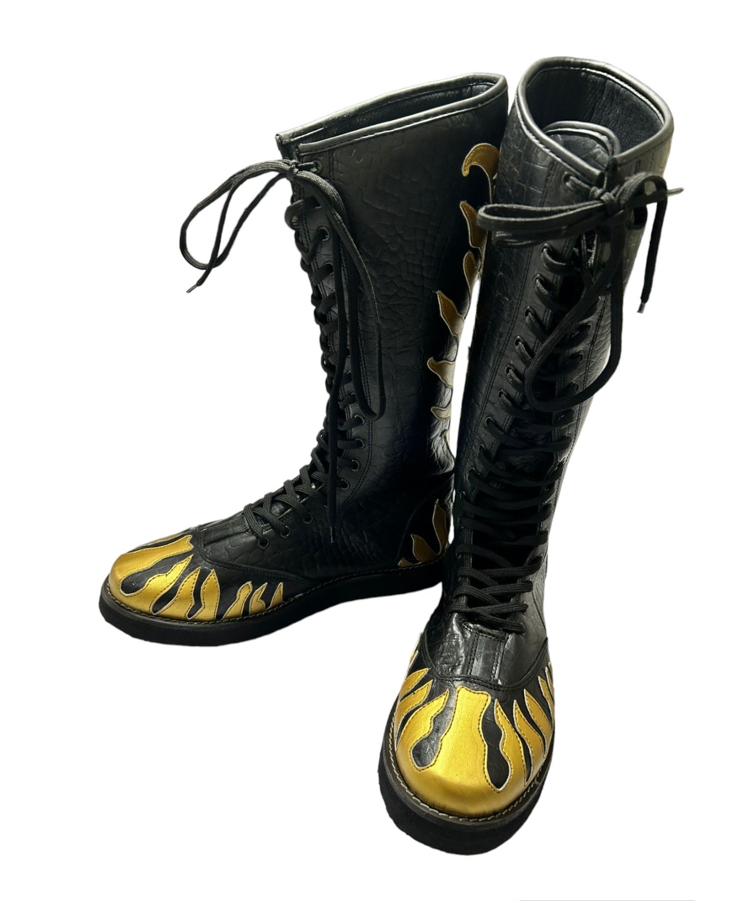 Pro Wrestling Long Boots, Handmade, 100% Original Leather, Gold Fire Style, Customizable colors