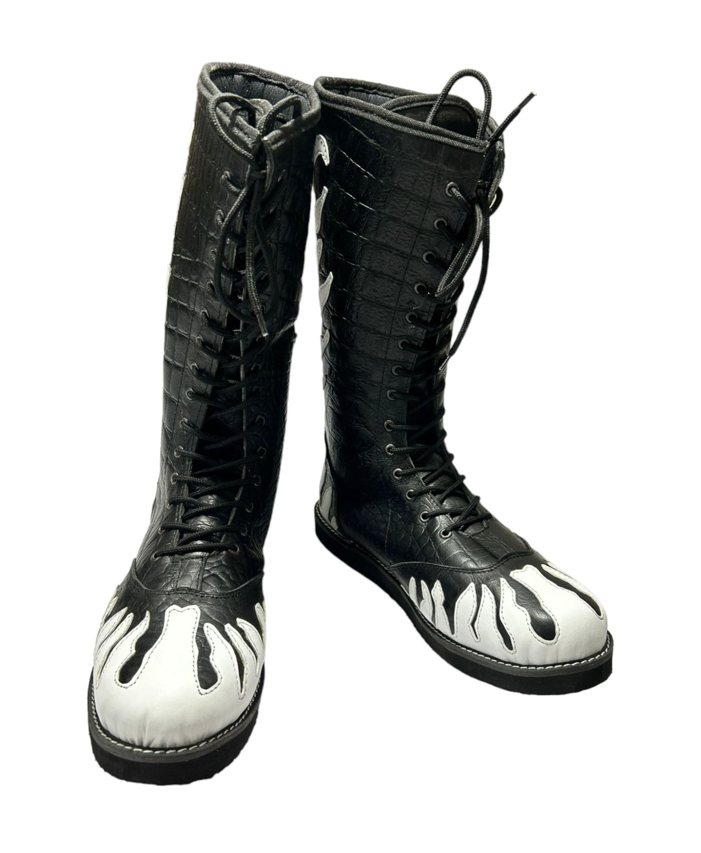 Wrestling Boots, 100% Original Leather, Crocodile Pattern Black Leather, White Fire, Lace-up style, Customizable colors