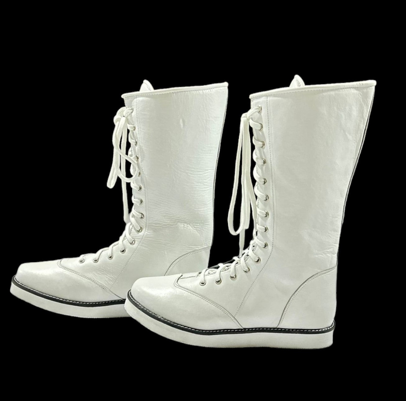 Wrestling Boots, Long White Color Shoes, 100% Genuine Leather, Handmade, Lace-up style