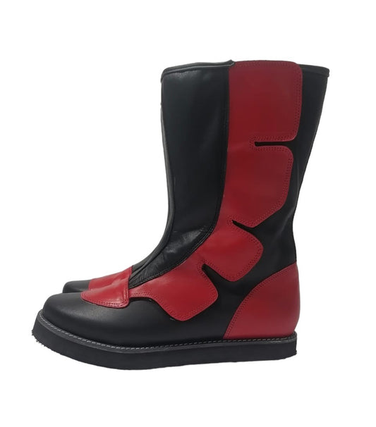 Wrestling Long Boots, Hook and Loop style, Black and Red Color, Handmade, 100% original Leather, Customizable