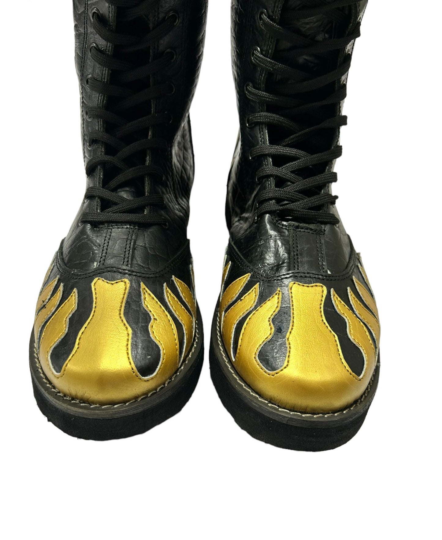 Pro Wrestling Long Boots, Handmade, 100% Original Leather, Gold Fire Style, Customizable colors