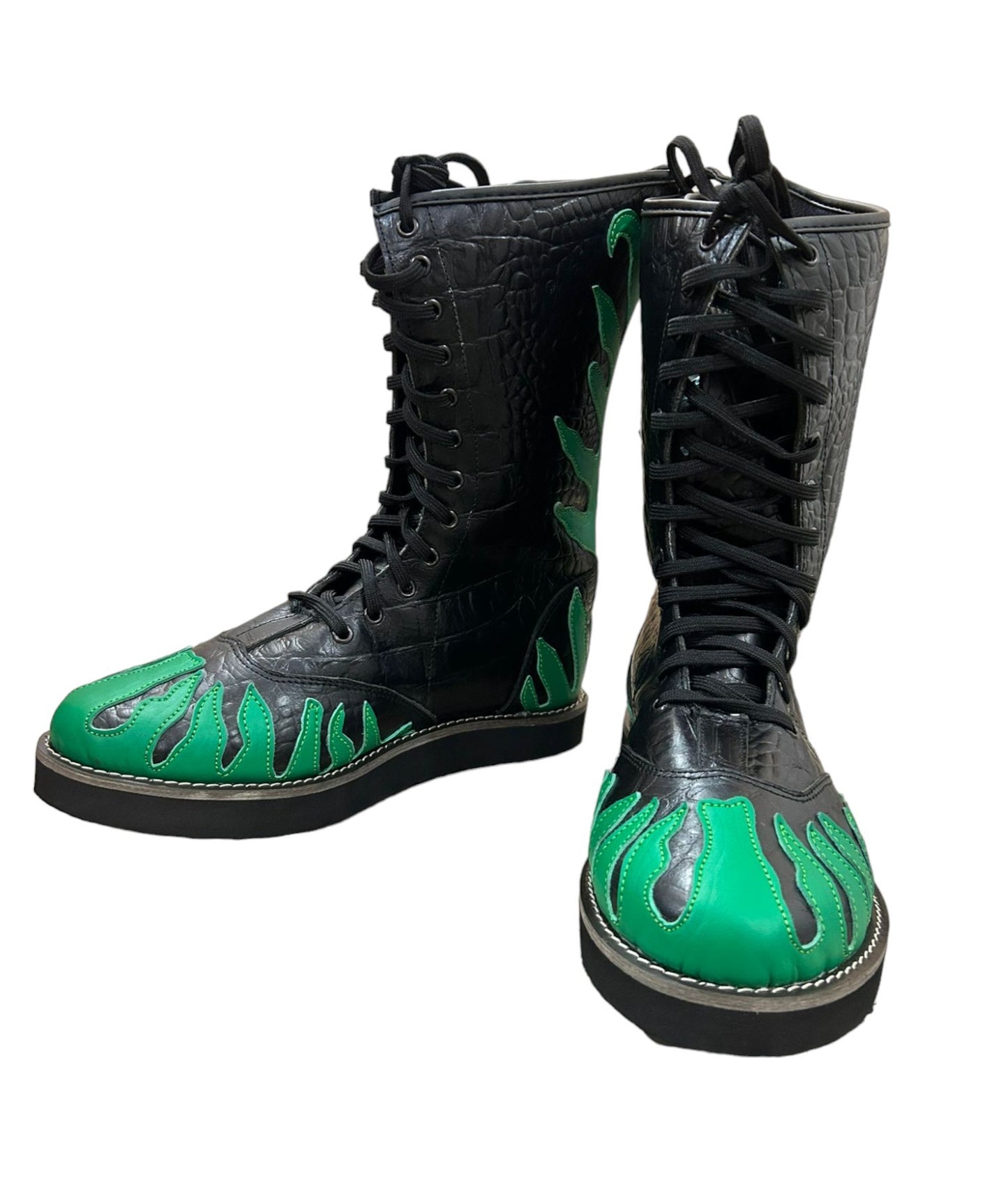 Pro Wrestling Shoes ,100% Original Leather, Green Fire Design, Customizable colors, Lace-up style