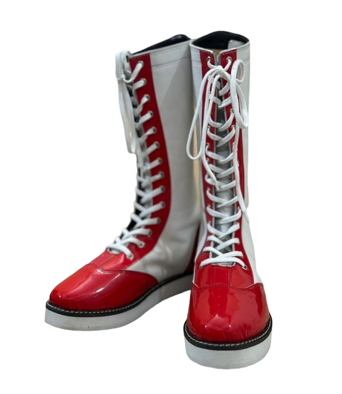 Wrestling Long Shoes, Handmade, 100% Original Leather, White and Red Color, Lace-up Style, Customizable