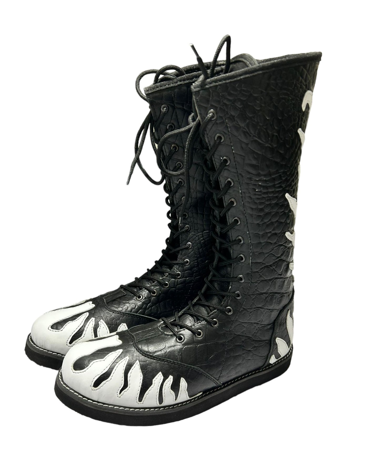 Wrestling Boots, 100% Original Leather, Crocodile Pattern Black Leather, White Fire, Lace-up style, Customizable colors