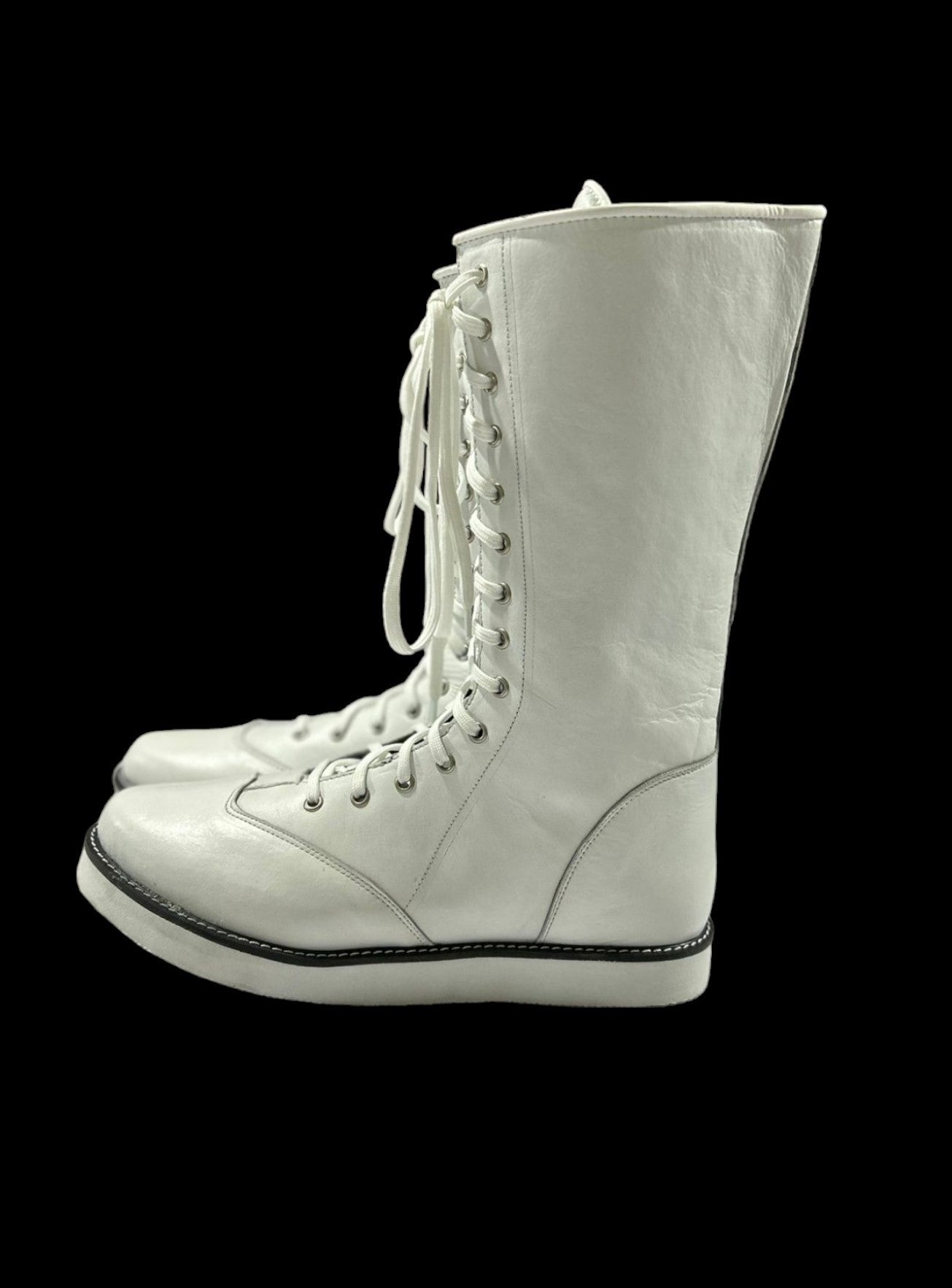 Wrestling Boots, Long White Color Shoes, 100% Genuine Leather, Handmade, Lace-up style