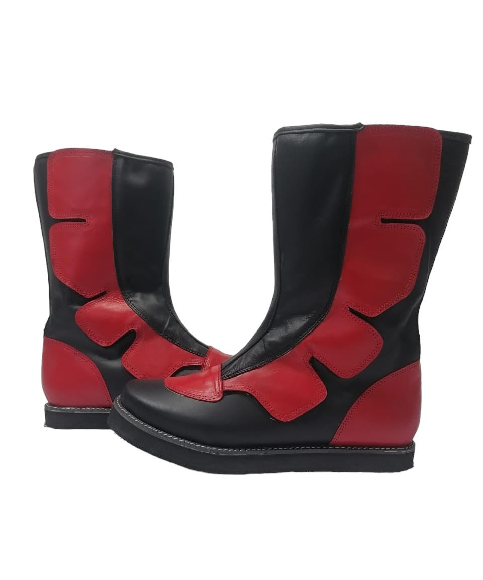 Wrestling Long Boots, Hook and Loop style, Black and Red Color, Handmade, 100% original Leather, Customizable