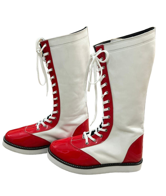 Wrestling Long Shoes, Handmade, 100% Original Leather, White and Red Color, Lace-up Style, Customizable