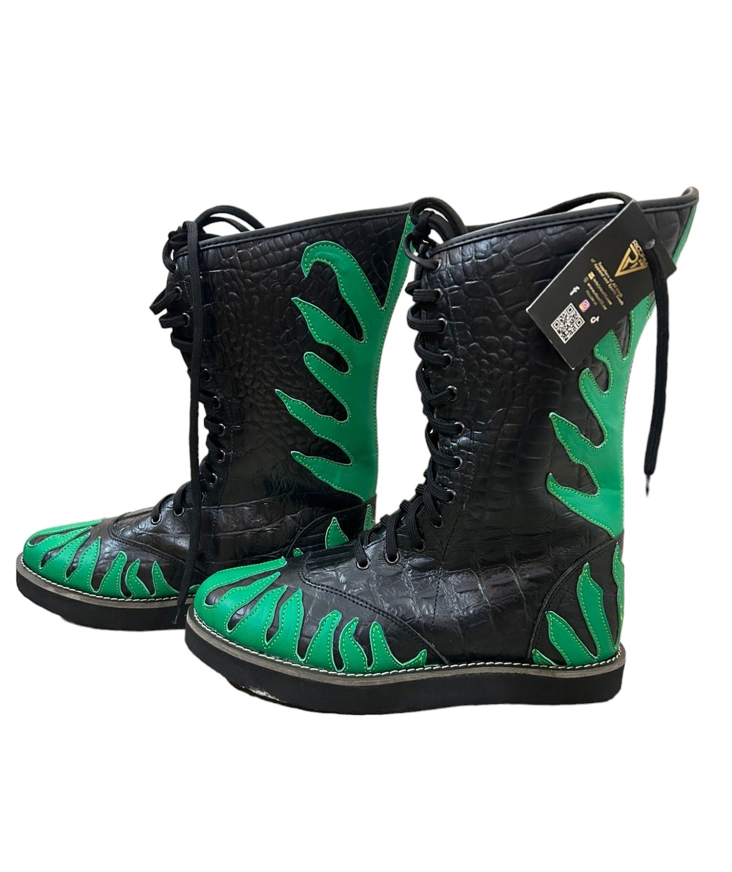 Pro Wrestling Shoes ,100% Original Leather, Green Fire Design, Customizable colors, Lace-up style