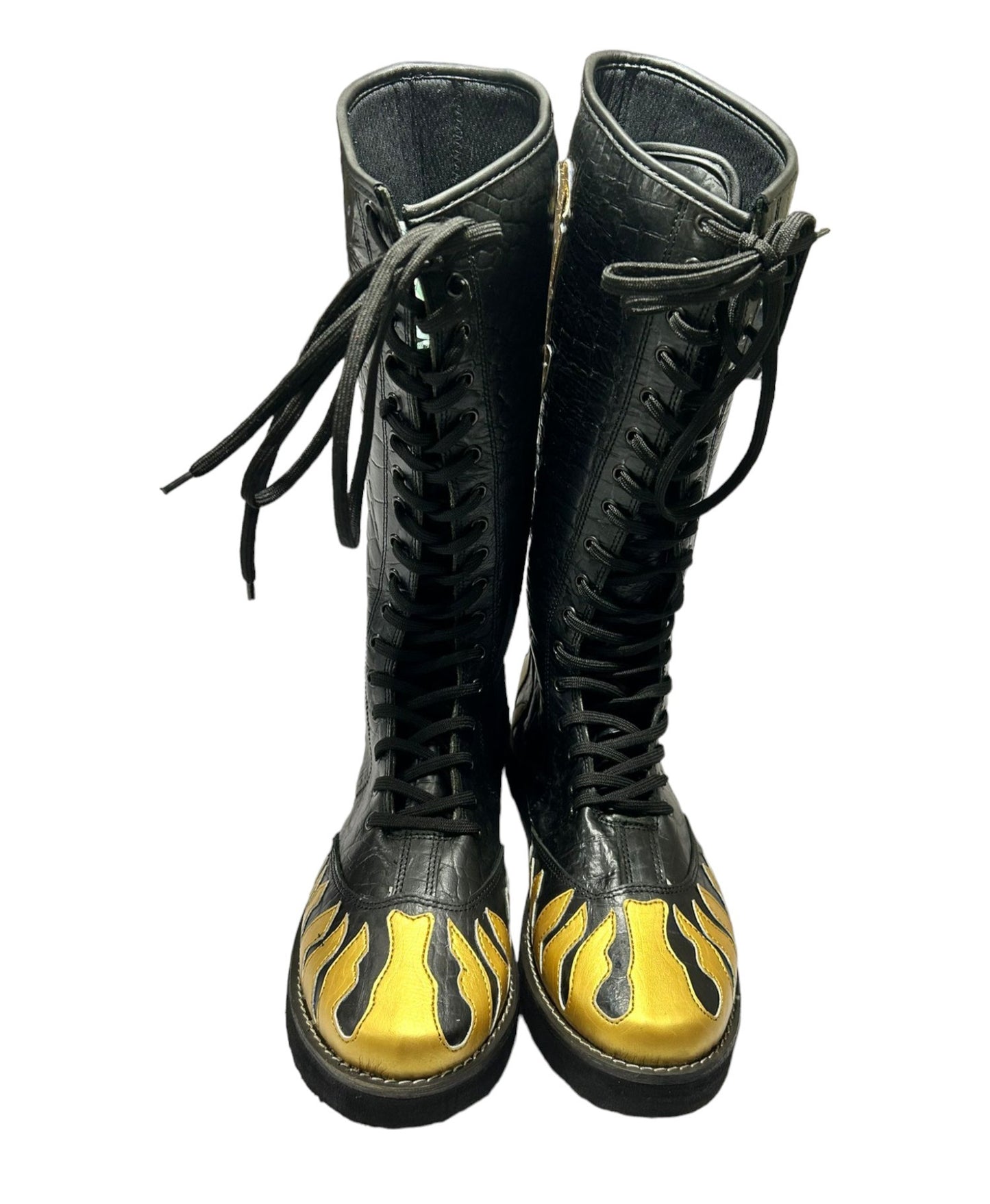 Pro Wrestling Long Boots, Handmade, 100% Original Leather, Gold Fire Style, Customizable colors