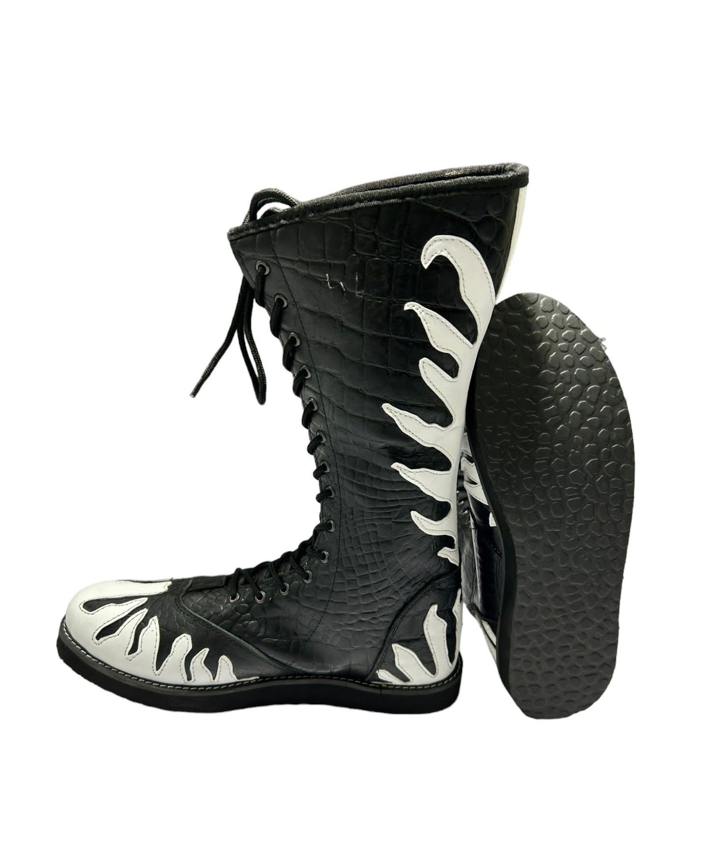 Wrestling Boots, 100% Original Leather, Crocodile Pattern Black Leather, White Fire, Lace-up style, Customizable colors