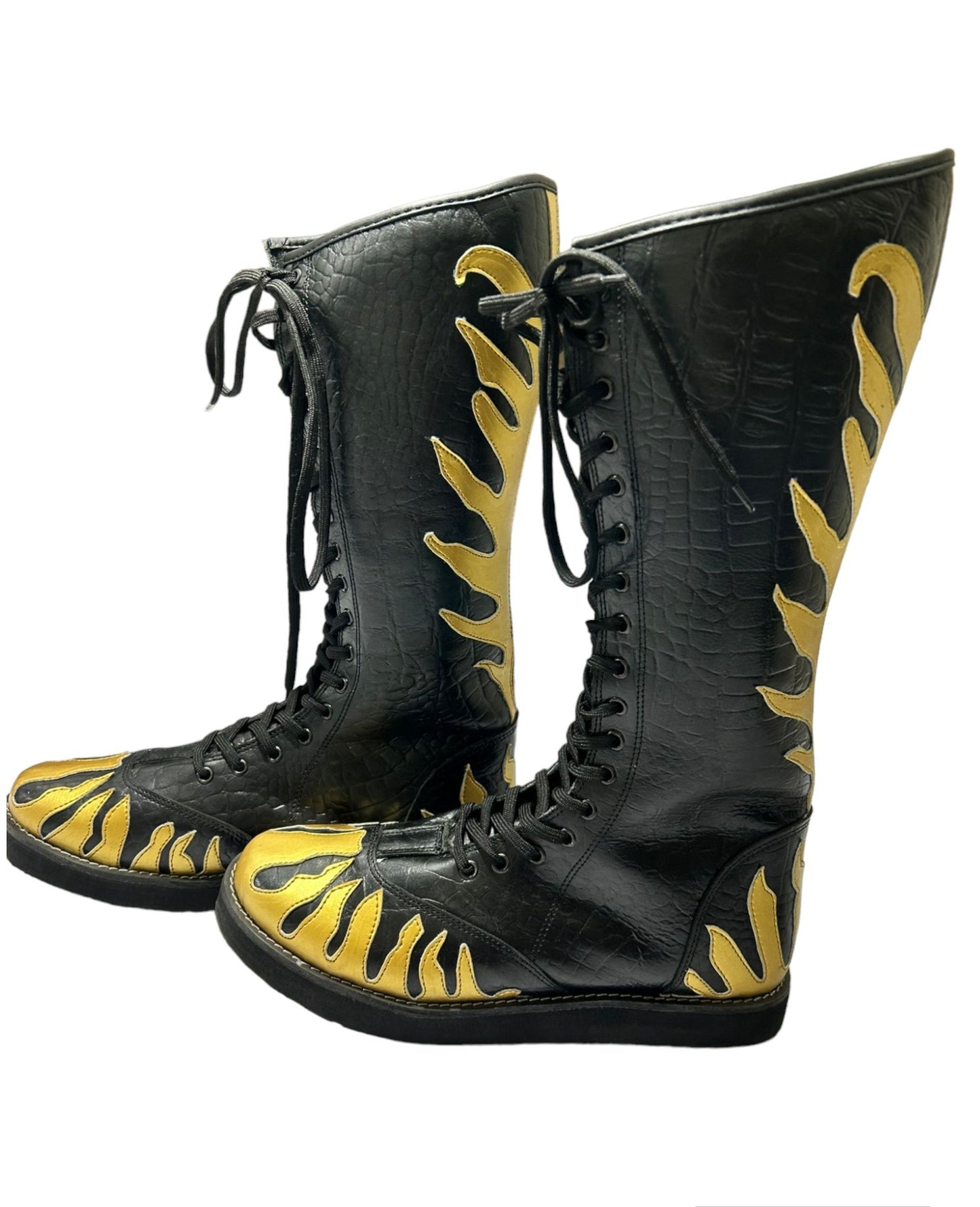 Pro Wrestling Long Boots, Handmade, 100% Original Leather, Gold Fire Style, Customizable colors