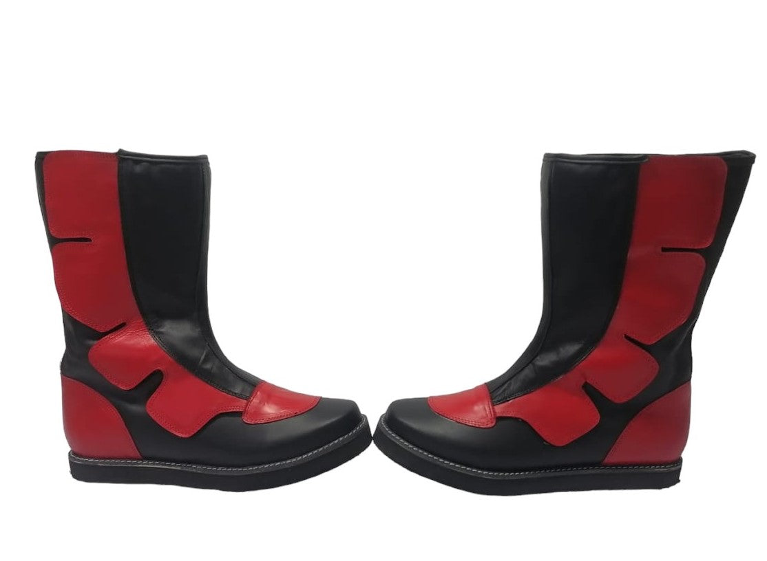 Wrestling Long Boots, Hook and Loop style, Black and Red Color, Handmade, 100% original Leather, Customizable