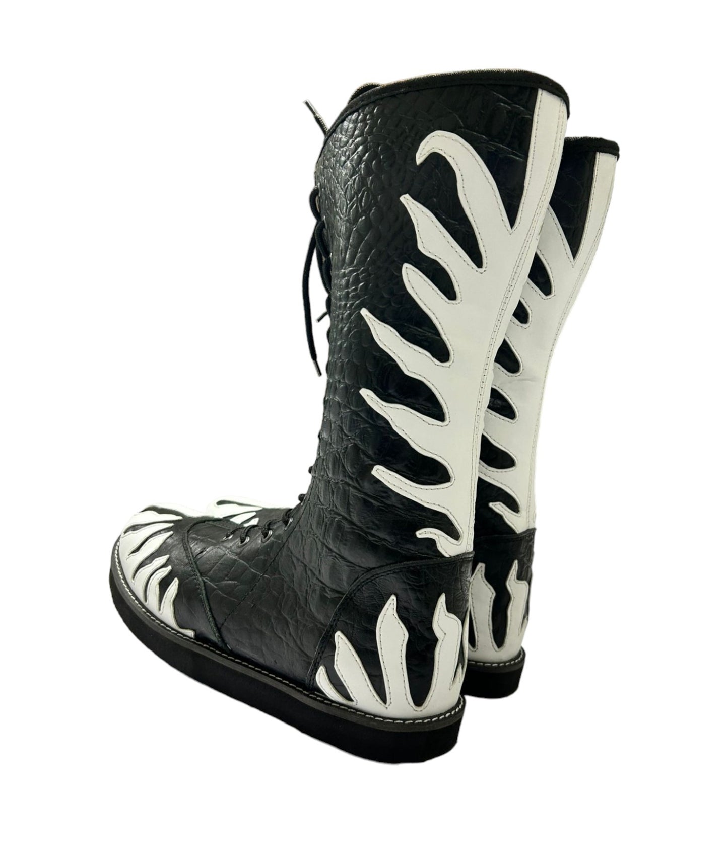 Wrestling Boots, 100% Original Leather, Crocodile Pattern Black Leather, White Fire, Lace-up style, Customizable colors