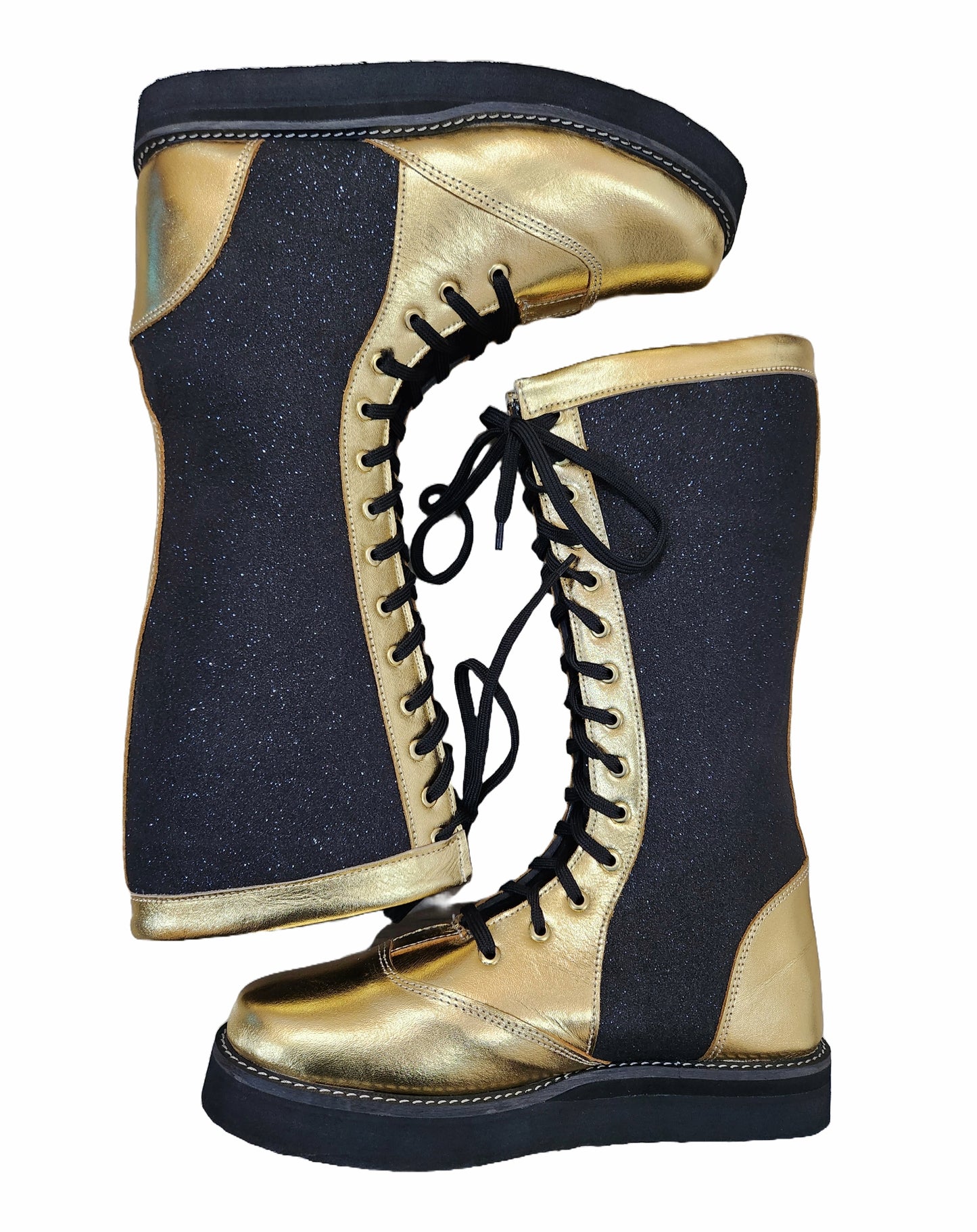 Wrestling Boots, Handmade, 100% Original Leather, Golden and Black Glitter Color