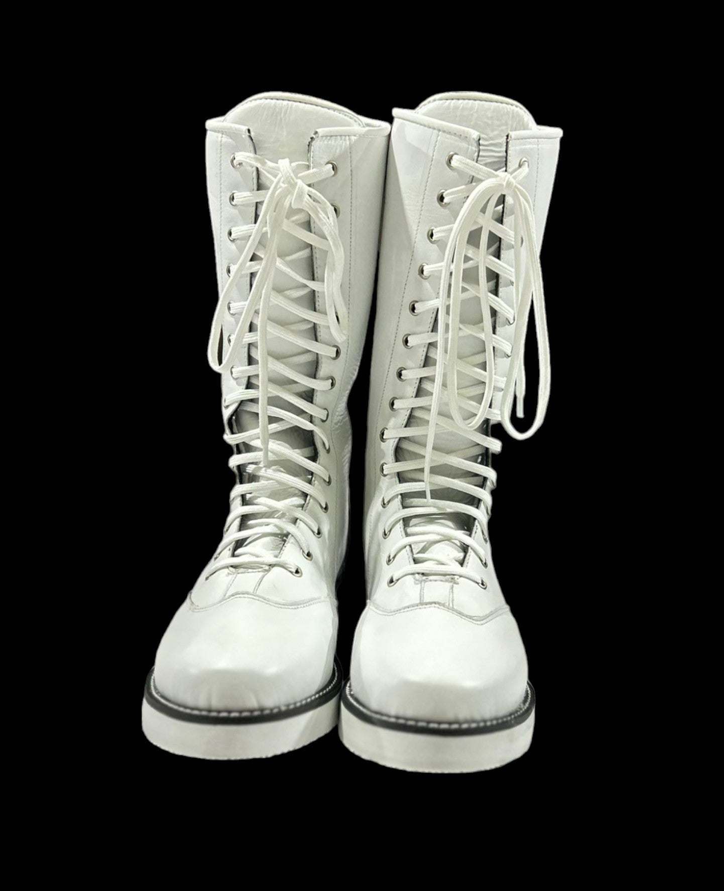 Wrestling Boots, Long White Color Shoes, 100% Genuine Leather, Handmade, Lace-up style