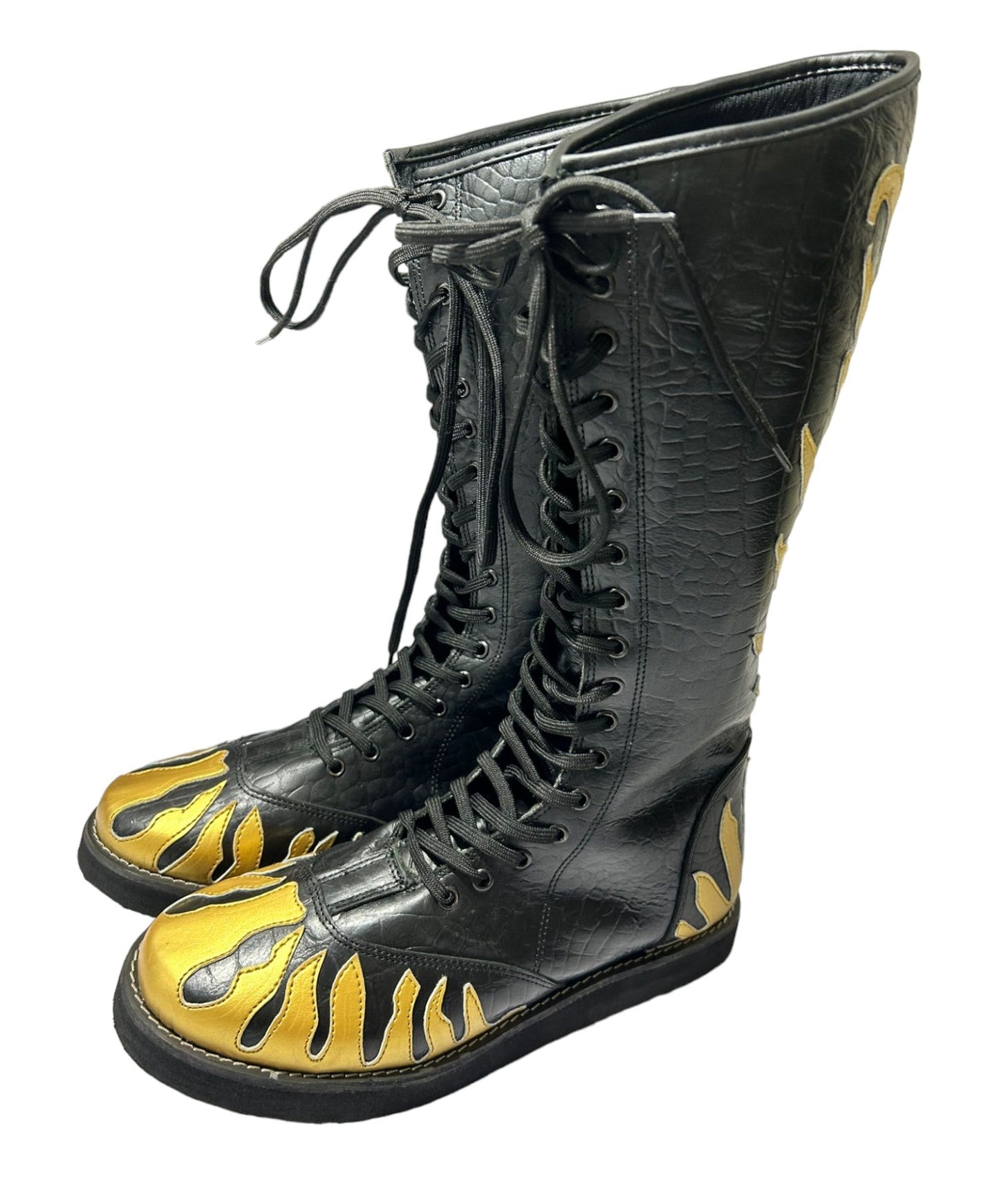 Pro Wrestling Long Boots, Handmade, 100% Original Leather, Gold Fire Style, Customizable colors