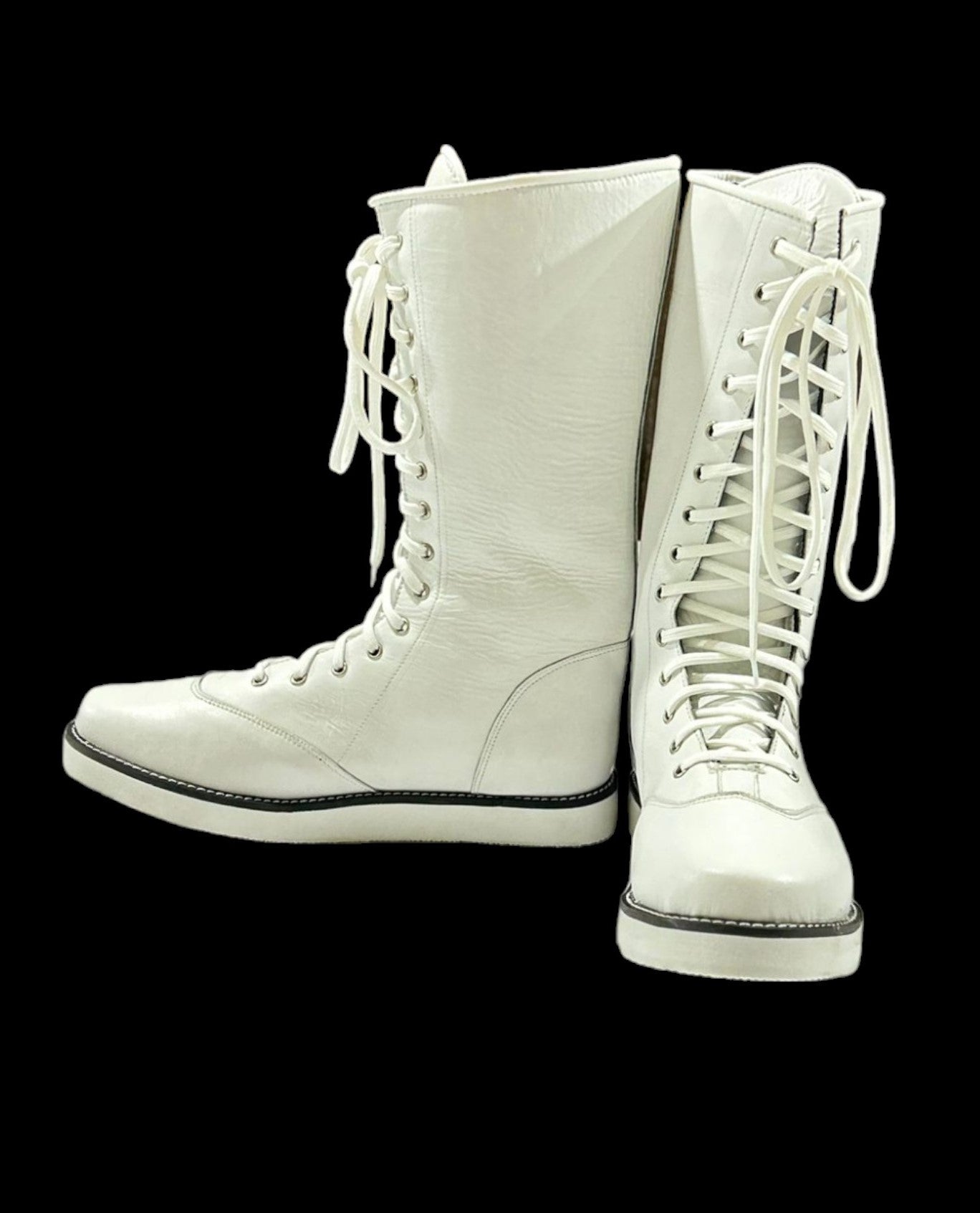 Wrestling Boots, Long White Color Shoes, 100% Genuine Leather, Handmade, Lace-up style