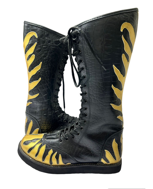 Pro Wrestling Long Boots, Handmade, 100% Original Leather, Gold Fire Style, Customizable colors