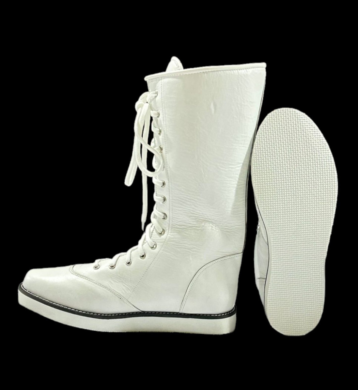 Wrestling Boots, Long White Color Shoes, 100% Genuine Leather, Handmade, Lace-up style