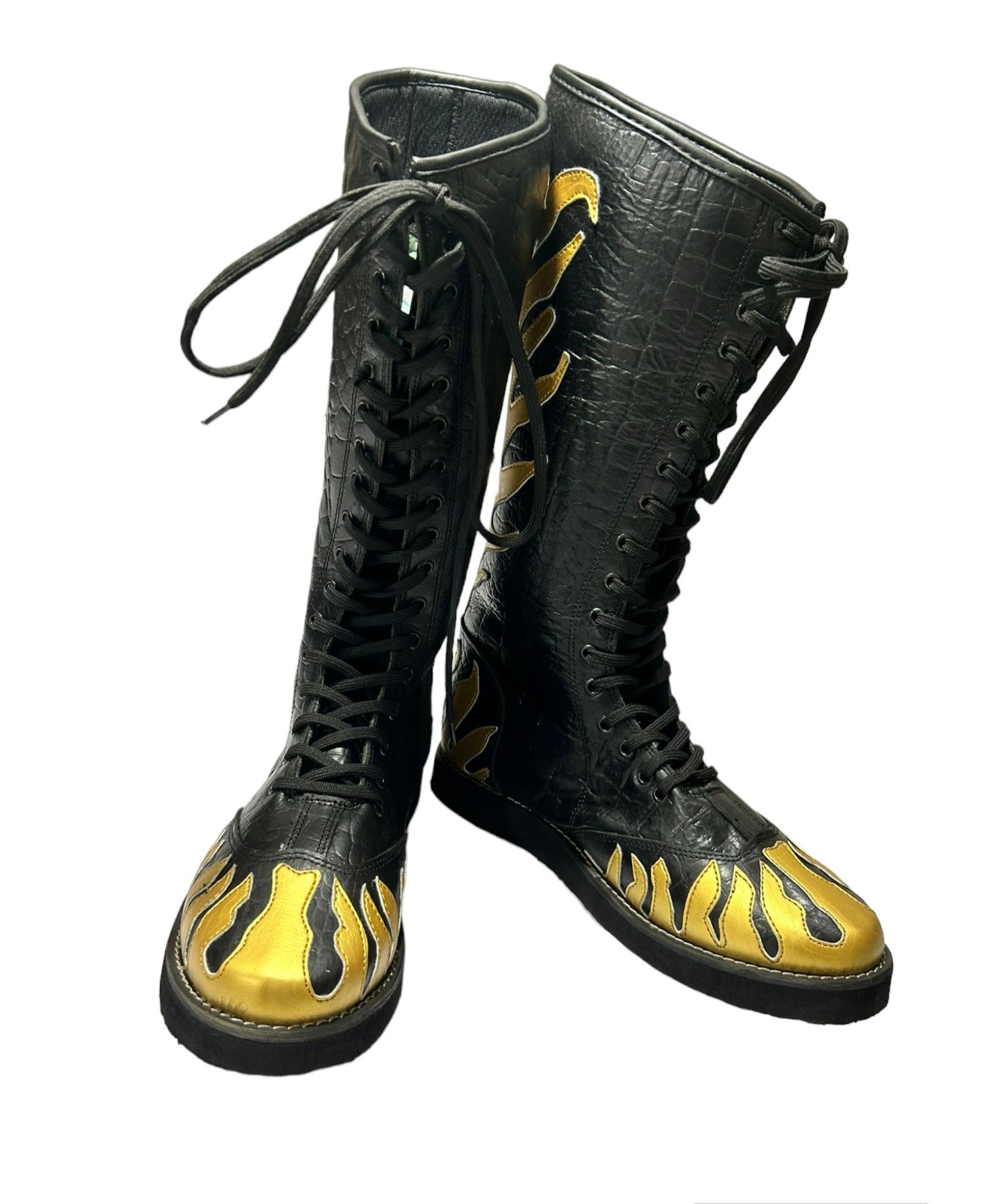 Pro Wrestling Long Boots, Handmade, 100% Original Leather, Gold Fire Style, Customizable colors