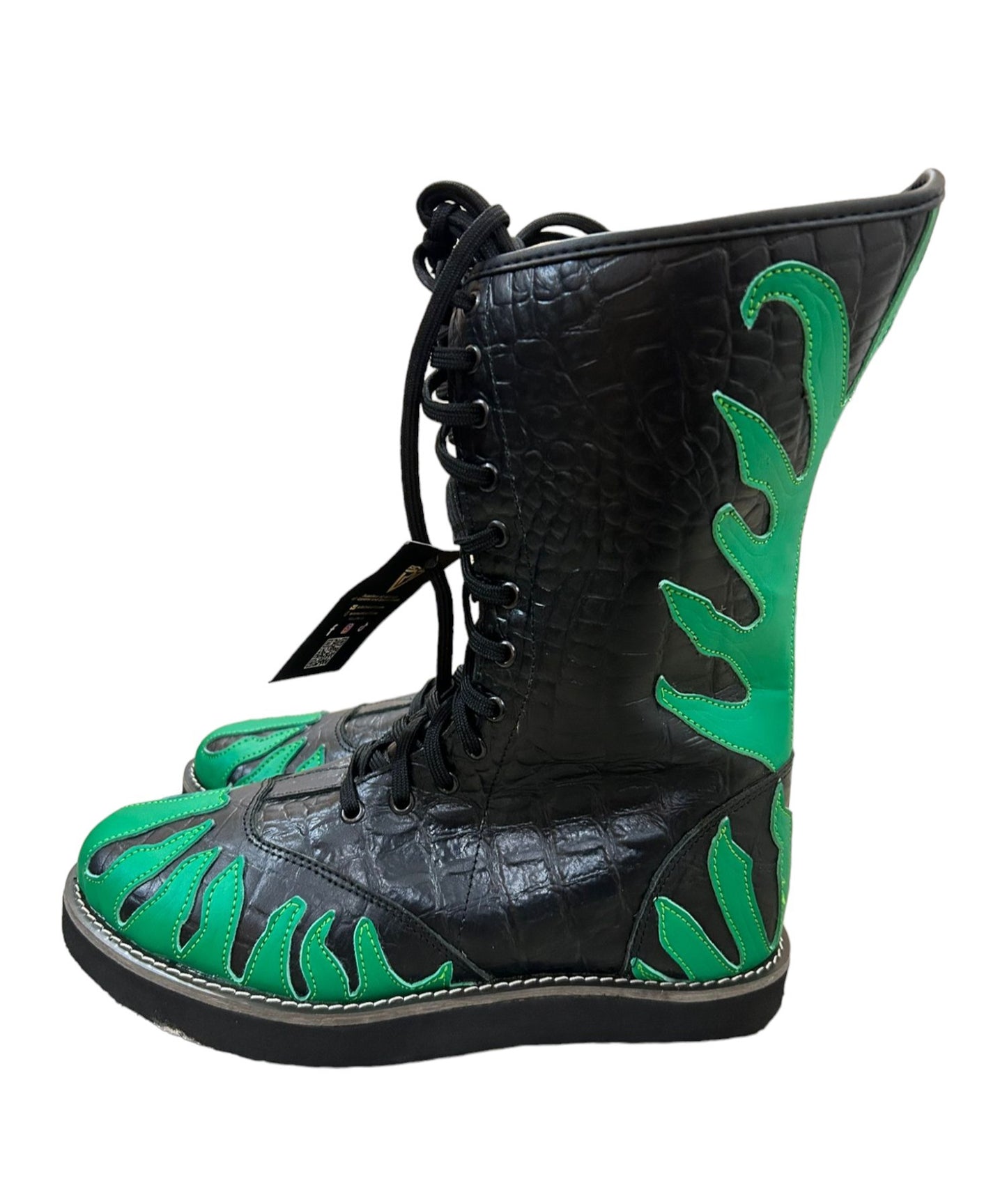 Pro Wrestling Shoes ,100% Original Leather, Green Fire Design, Customizable colors, Lace-up style