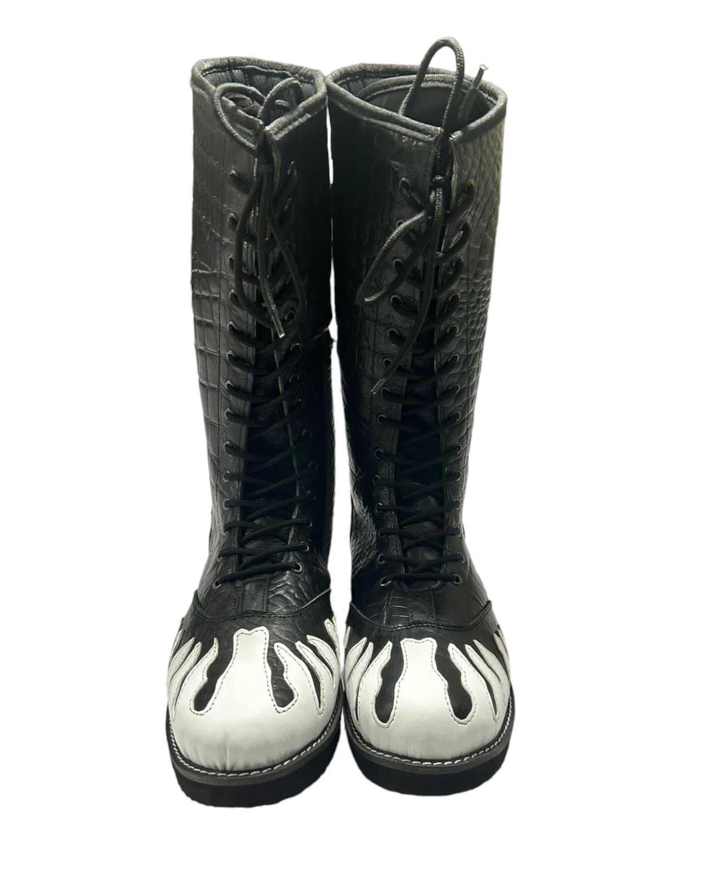 Wrestling Boots, 100% Original Leather, Crocodile Pattern Black Leather, White Fire, Lace-up style, Customizable colors