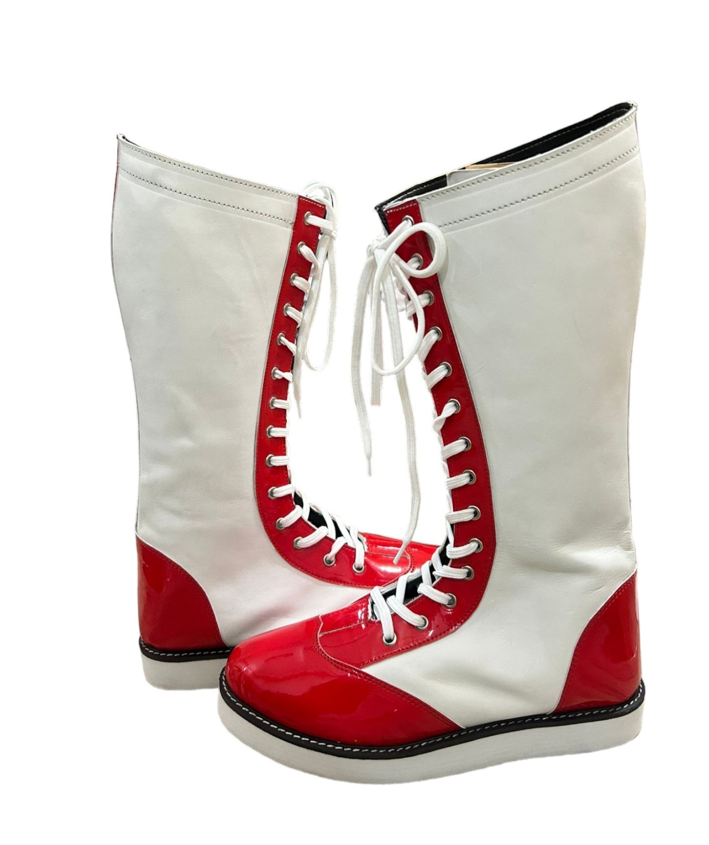 Wrestling Long Shoes, Handmade, 100% Original Leather, White and Red Color, Lace-up Style, Customizable